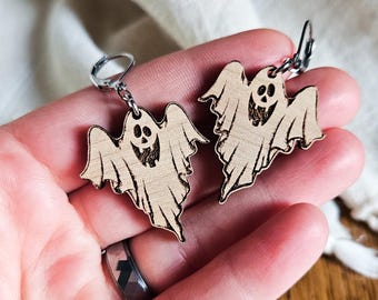 Wooden Ghost Earrings with Stainless Steel Clasps | Halloween Earrings for Fall | Thoughtful Gift for Spooky Season Enthusiasts | Jewelry