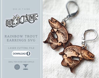 Rainbow trout earrings SVG file for laser cutting, rustic fishing inspired design perfect for handmade wood or acrylic jewelry