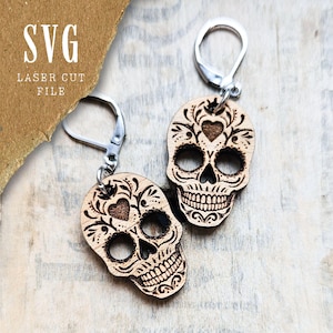 Sugar Skull SVG file for laser cutting earrings | Day of the Dead skull design | Commercial use allowed