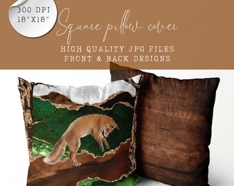 Decorative Pillow Design – Fox and Green Geode with Gold Glitter | Sublimation File for Woodland Animal-Themed Pillow | Baby Room Gift Idea