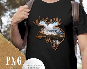 Moose Head PNG with Mountain Landscape | Sublimation Design for Moose Hunting Shirt | Landscape Graphics | Perfect Gift for Nature Lovers