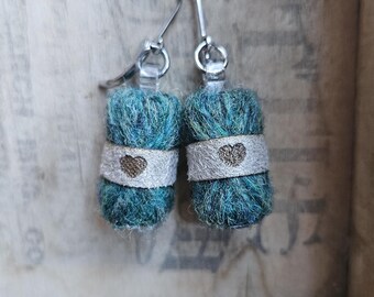 Yarn Ball Earrings for Crocheters & Knitters | Mini Skein Jewelry | Handmade Wool Earrings | Fiber Art Gift | Peacock Green Wool Earrings