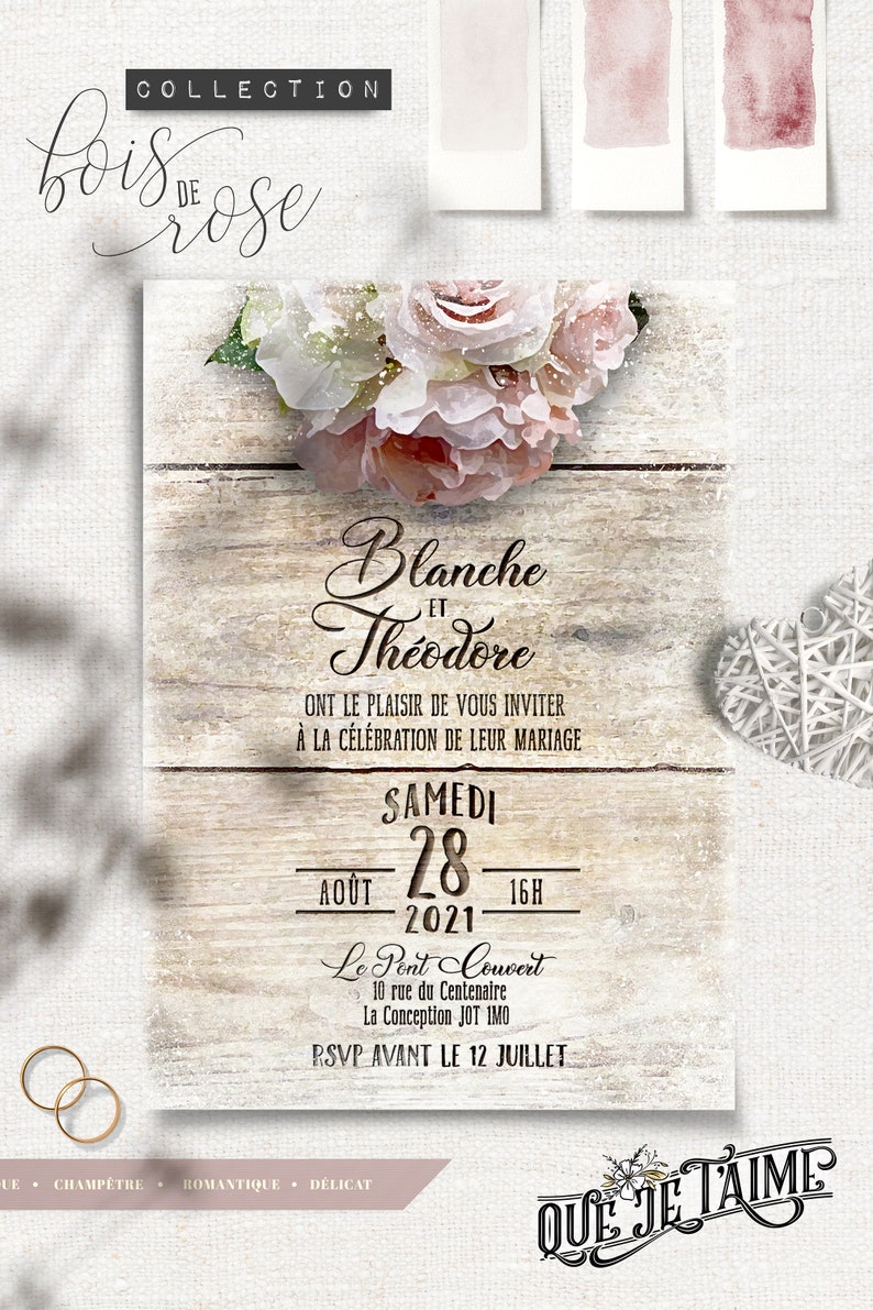 Faire part de mariage champ\u00eatre avec bouquet de roses et pivoines \u2022 Invitation de mariage \u00e9lectronique en fran\u00e7ais \u2022 Faire part \u00e0 imprimer