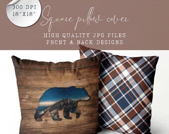 Decorative Pillow Design – Bear Silhouette with Night Mountain Scene | Dark Plaid Back | Sublimation File for 18x18 Pillow Cover