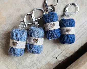Yarn Ball Earrings | Blue Jeans & Dark Denim Wool Earrings | Knitting Jewelry for Women | Best Handmade Gift for Knitters and Crocheters