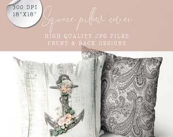 Decorative Pillow Design – Floral Anchor on White Wood with Paisley Lace Texture | Sublimation File for Pillow | Nautical Gift Idea for Home