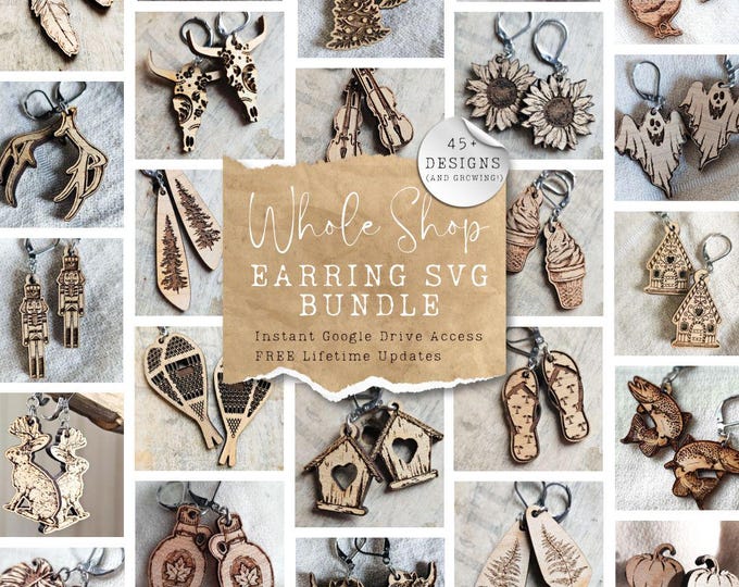 Featured listing image: Mega Bundle Earrings SVG Templates for Laser Cutting | 45 Dangle Jewelry Designs for Glowforge, xTool, CO2 and Diode Machines