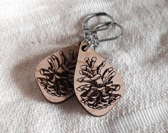Laser Engraved Wood Earrings with Pinecones | Nature-Inspired Gift for Women Who Love Forests, Hiking, and the Outdoors