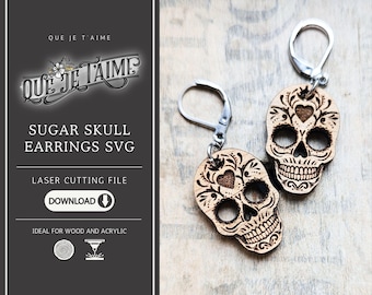 Fichier SVG tête de mort Sugar Skull pour découpe laser | Design boucles d’oreilles bois Dia de los Muertos | Usage commercial OK