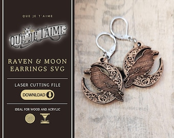 Raven moon SVG for laser cut earrings | Gothic chic or wiccan jewelry design | Commercial license included