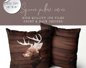 Decorative Pillow Design – Rustic Deer Head Silhouette & Wood Elements | Nature Lover Gift | 18x18" Pillow Cover Sublimation File