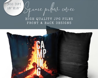 Decorative Pillow Design | Camping Bonfire Scene & Rustic Wood Back | 18x18" Pillow Cover Sublimation File for Campers  | Camping Lover Gift