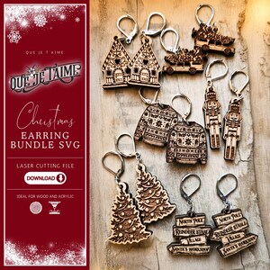 Paquete de pendientes navideños SVG, pendientes navideños cortados con láser para Glowforge: diseños de pan de jengibre, suéter, árbol, cascanueces y letrero del Polo Norte