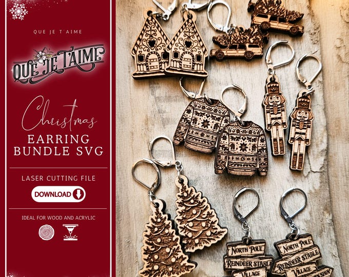 Featured listing image: Christmas Earrings SVG Bundle including : Gingerbread House SVG, Nutcracker SVG, Ugly Sweater, Christmas Tree - Christmas cut files