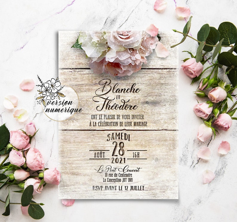 Faire part de mariage champ\u00eatre avec bouquet de roses et pivoines \u2022 Invitation de mariage \u00e9lectronique en fran\u00e7ais \u2022 Faire part \u00e0 imprimer