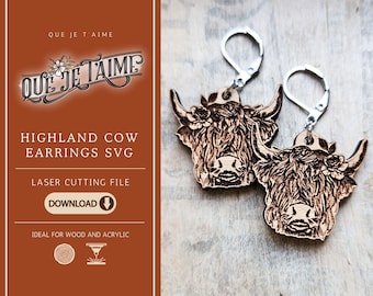 Highland cow earrings with flower SVG file for laser cutting, rustic boho western country design perfect for handmade jewelry