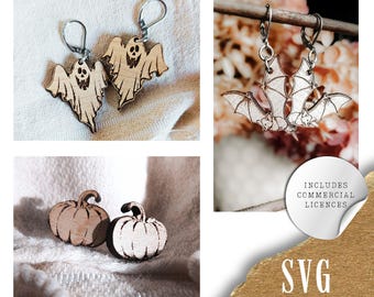 Halloween Earrings SVG Bundle | Ghost, Pumpkin, Bat Earrings | Halloween Studs & Dangle Earrings | Halloween SVG Cut Files | Spooky Earrings