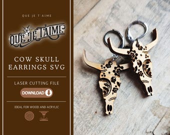 Cow Skull Earrings SVG, Boho Western Laser Cut Earring File for Glowforge, Floral Longhorn Jewelry Design for Wood or Acrylic