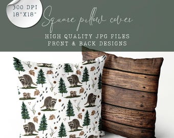Decorative Pillow Design – Raccoon Forest Theme for Nursery | Rustic Wood Back | Sublimation File for 18x18 Pillow Cover
