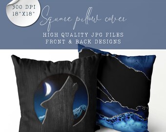 Decorative Pillow Design – Wolf Silhouette on Starry Night Sky | Moonlit Sublimation File for Pillow Cover | 18x18 Digital Design