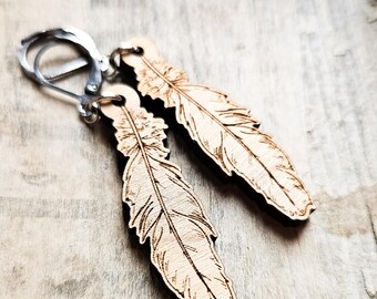 Wooden Feather Earrings | Boho Style Drop Earrings | Western & Native American Inspired Jewelry | Handmade Feather Jewelry