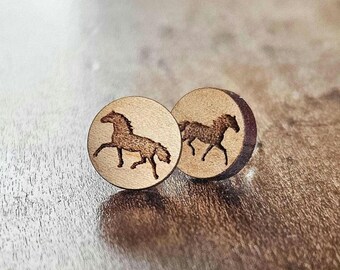 Horse Stud Earrings, Wooden Equestrian Jewelry, Western Horseback Riding Gift, Minimalist Horse Earrings, Country Cowgirl Accessories