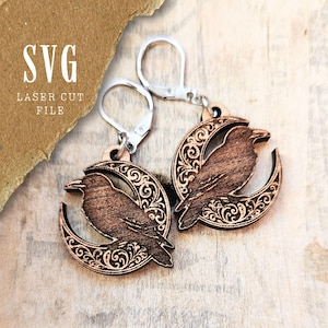 Raven moon SVG for laser cut earrings | Gothic chic or wiccan jewelry design | Commercial license included