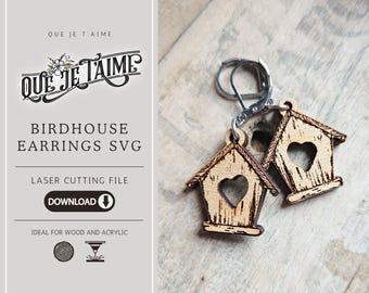 Fichier SVG Boucles d&#39;Oreilles Mini Cabanes à Oiseaux | Modèle de Bijoux Laser | Découpe Laser Bois | Idéal pour Glowforge | Modèle DIY