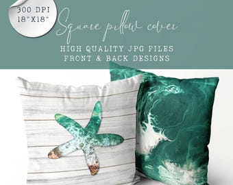 Decorative Pillow Design – Starfish & Ocean Waves on White Wood | Coastal Décor Sublimation File | 18x18" Pillow Cover