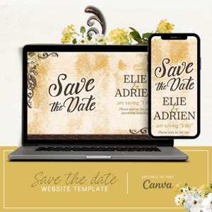 Peut inclure: Un ordinateur portable et un smartphone affichant un modèle de site web de mariage Save the Date avec un fond beige vintage, des ornements marron foncé et le texte Save the Date, Elie & Adrien are saying I do, please join us for our upcoming wedding.