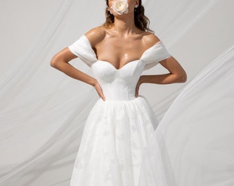 Flower Organza Wedding Gown, TULLE WEDDING DRESS, Boho Wedding Dress, Straps Bridal Gown, Sweetheart Wedding Dress, A Line Wedding Dress