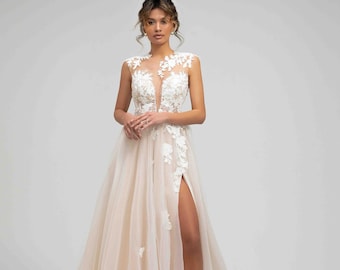 Floral Lace Wedding Dress,  A-Line Tulle Wedding Dress, Mock Neck Bridal Gown,  Embroidered Gown, Slit Bridal Skirt, Custom Wedding Dress