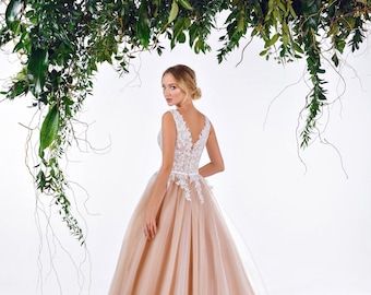 A-Line Tulle Wedding Dress: Floral Lace Corset, Colorful Bridal Gown