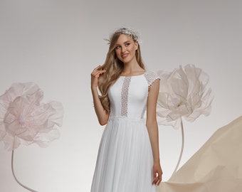 Chiffon Wedding Dress: Macramé Lace, Open Back, Boho Beach