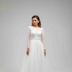 Handmade Lace Wedding Gown: Long Sleeve Tulle A-Line Dress