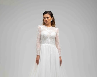 Handmade Lace Wedding Gown: Long Sleeve Tulle A-Line Dress