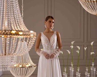 Elegant Macramé Lace Chiffon Wedding Dress – Custom Handmade Bridal Gown