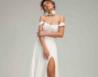 Sequin Lace Chiffon Wedding Dress: Handmade Ivory Boho Gown