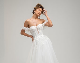 Floral Lace Wedding Gown, A Line Shimmer Tulle Bridal Dress, 3D Flower Lace Wedding Dress, Custom Wedding Dress, Floral Cathedral Train Gown