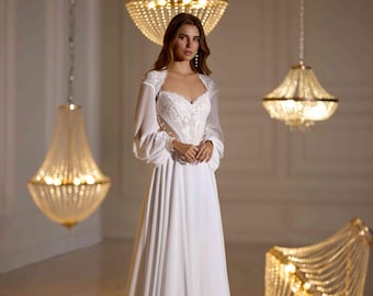 Ivory Chiffon Off-Shoulder Corset Wedding Dress with Chantilly Lace Bolero