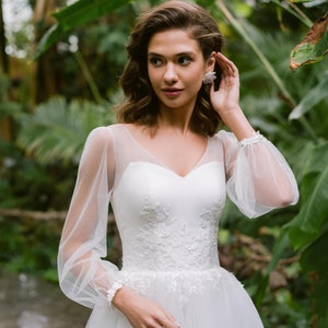 Minimalist Tulle Wedding Dress, Floral Lace Wedding Gown, A Line Rustic Wedding Dress, Puffy Sleeve Wedding Dress, Boho Custom Wedding Dress