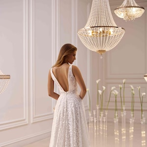 Floral Lace A-Line Wedding Dress: Open Back Custom Bridal Gown