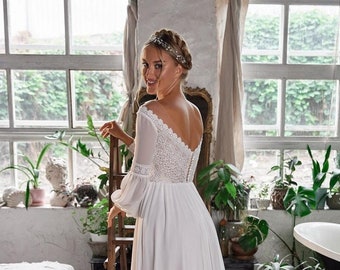 Macramé Lace Chiffon Wedding Dress: Boho Deep Neckline Gown