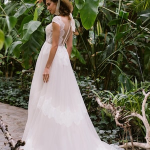 Boho Wedding Gown, Ruffle Wedding Dress, Chantelle Lace Bridal Gown, Plunge Wedding Dress, Custom Bridal Dress, Rustic Wedding Gown