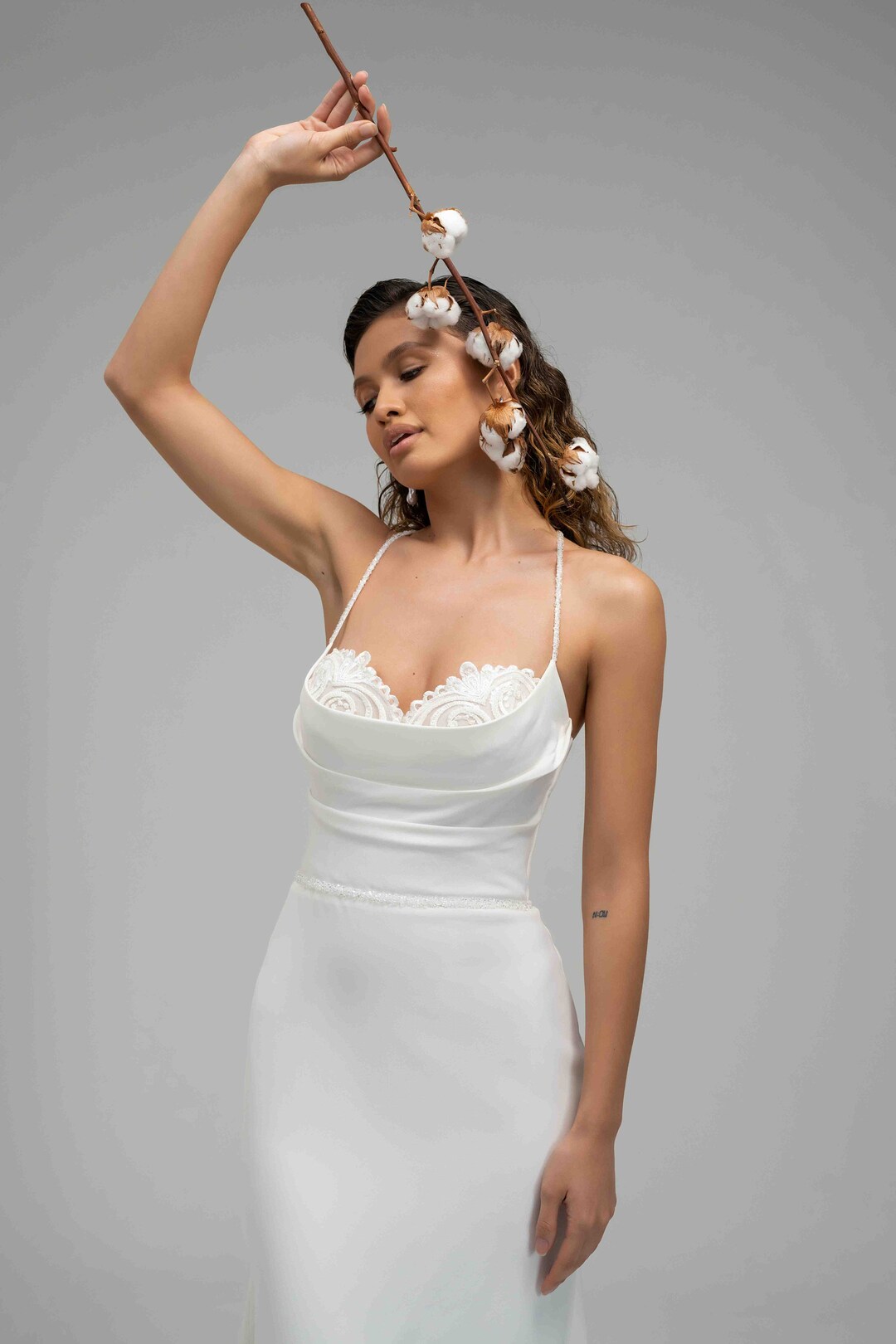 Spaghetti Straps Simple Crepe Big Bow Mermaid Bridal Gown main image 1