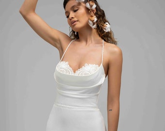 Mermaid Crepe Wedding Dress: Embroidered Lace Spaghetti Straps