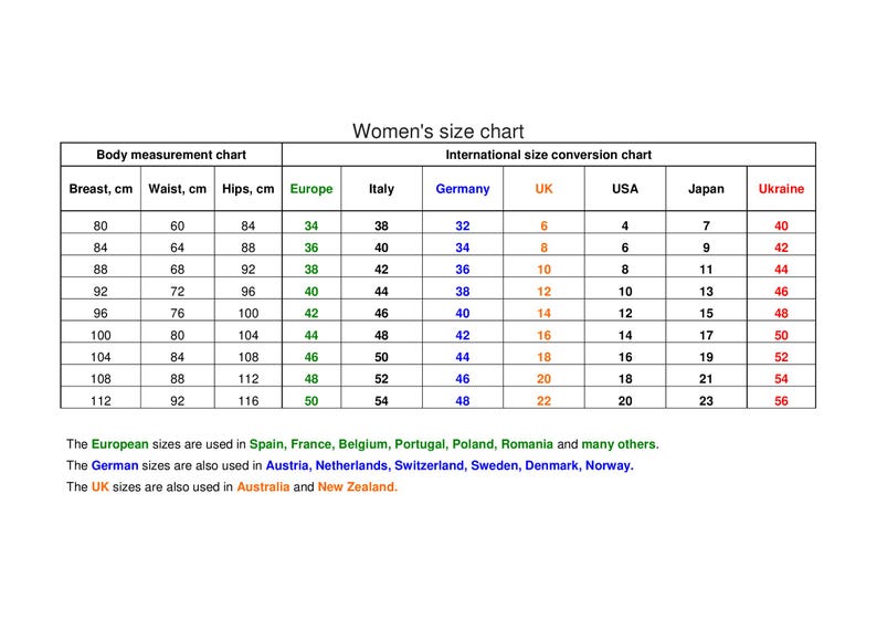 K&ouml;nnte beinhalten: Eine Tabelle, die die Konfektionsgr&ouml;&szlig;en f&uuml;r Frauen in verschiedenen L&auml;ndern zeigt. Die Tabelle enth&auml;lt Ma&szlig;e in Zentimetern f&uuml;r Brust, Taille und H&uuml;fte sowie die entsprechenden Gr&ouml;&szlig;en f&uuml;r Europa, Italien, Deutschland, Gro&szlig;britannien, USA, Japan und die Ukraine.