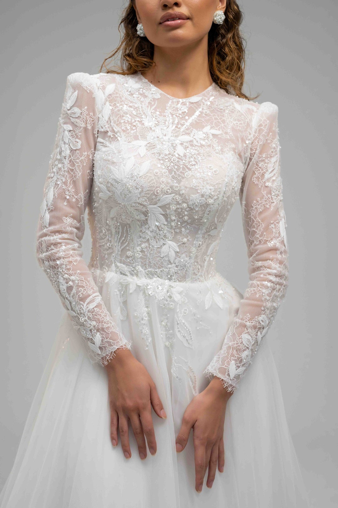 High Neck Long Sleeves Wedding Gown Lace Wedding Gown Custom Wedding