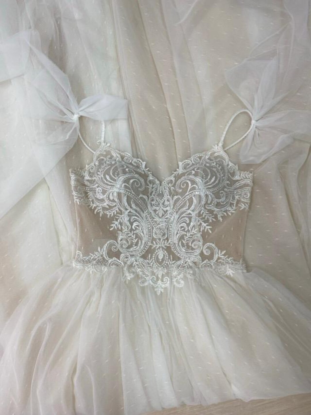Spaghetti Strap Polka Dot Tulle Wedding Dress: Handmade A-Line Gown