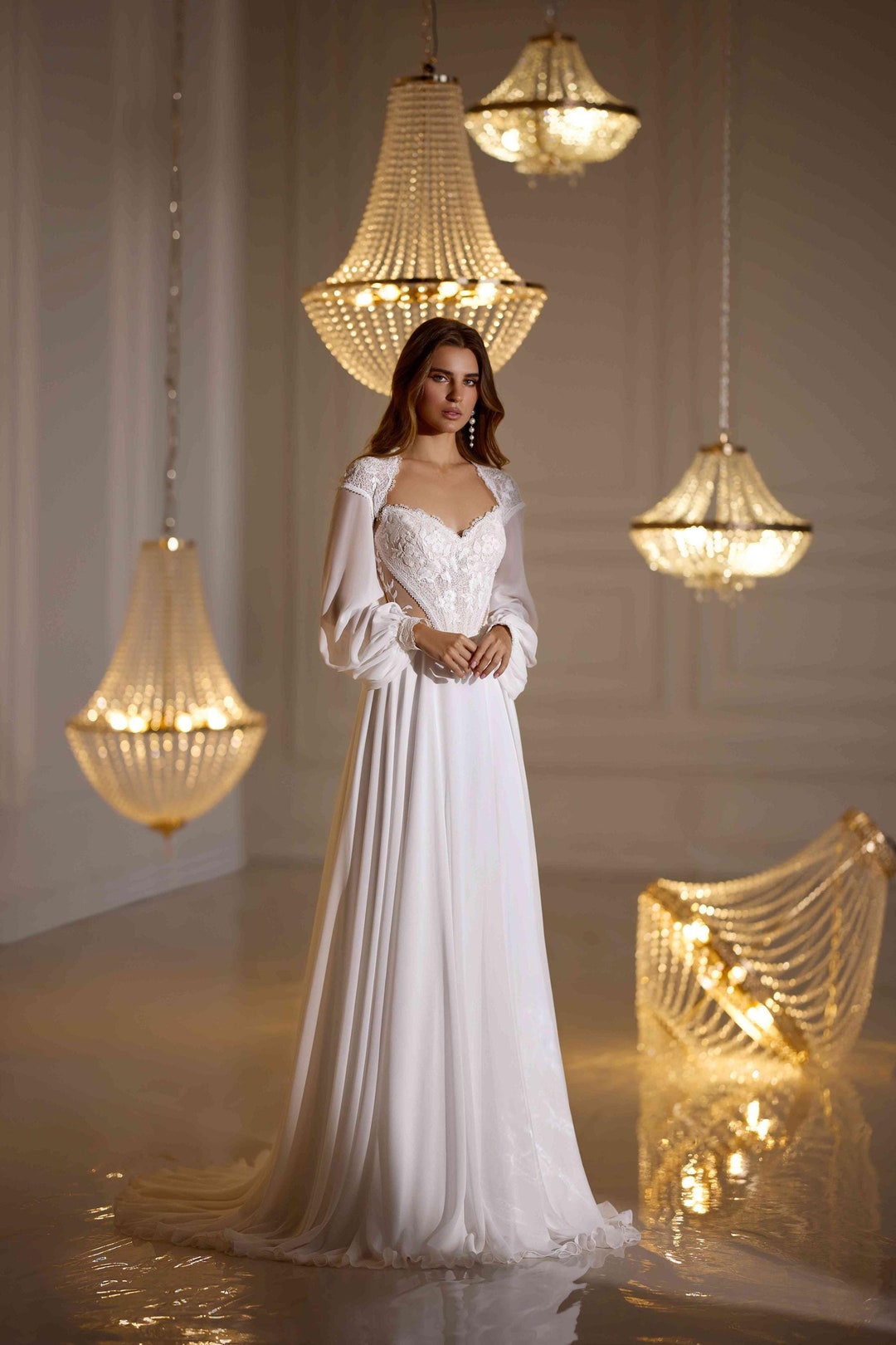 Silky Chiffon Off-shoulder Corset Wedding Dress With Bolero. Custom ...